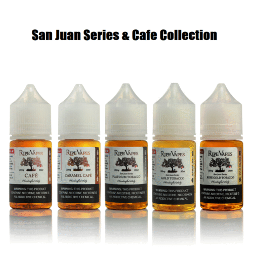 Ripe Vapes Salt-Nic Vape E-Juice is available VCT, Cafe, San Juan Series & Fruit Flavors.