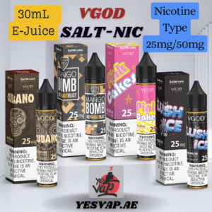 Vgod Salt-Nic E-Liquid Vape Juice is offered in 20mg, 25mg, and 50mg nicotine strengths.