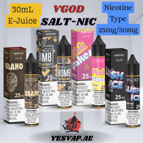 Vgod Salt-Nic E-Liquid Vape Juice is offered in 20mg, 25mg, and 50mg nicotine strengths.